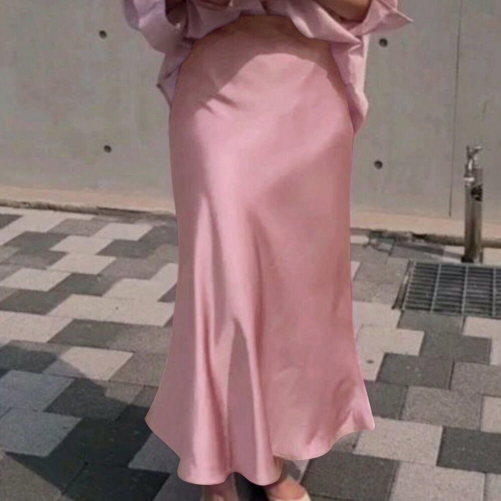 Pink Casual Women's Elastic High Waist Satin Zipper Back Mermaid Hem Skirt - Picture 5 of 5